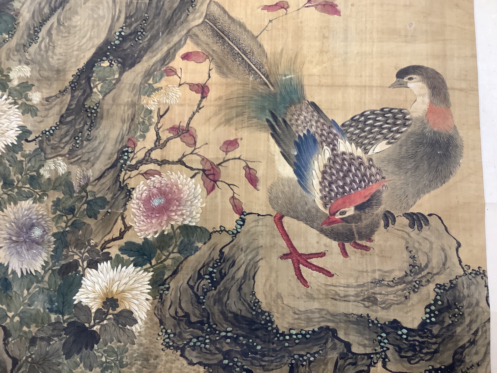 A Chinese scroll painting of birds amid rockwork and chrysanthemums, 19th/20th century Image 165 cm X 81.5 cm